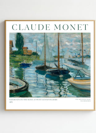“Boats Moored at Le Petit-Gennevilliers” (1874) – Claude Monet River Scene Print, Impressionist Wall Art. Unframed
