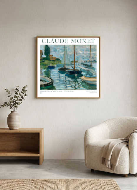 “Boats Moored at Le Petit-Gennevilliers” (1874) – Claude Monet River Scene Print, Impressionist Wall Art. Unframed