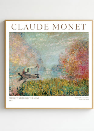 “The Boat Studio on the Seine” (1875) – Claude Monet River Scene Print, Impressionist Wall Art. Unframed