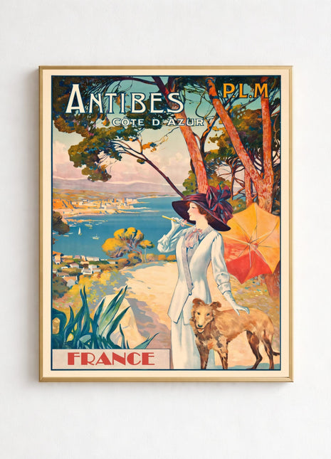 Antibes French Riviera Vintage Unframed Travel Poster (c.1910) — Elegant Woman & Coastal View by David Dellepiane
