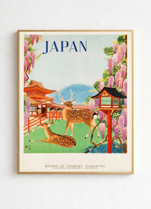 Nara Japan Vintage Unframed Travel Poster (1930s) — Todaiji Temple & Sacred Deer, Spring Scene