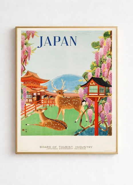 Nara Japan Vintage Unframed Travel Poster (1930s) — Todaiji Temple & Sacred Deer, Spring Scene