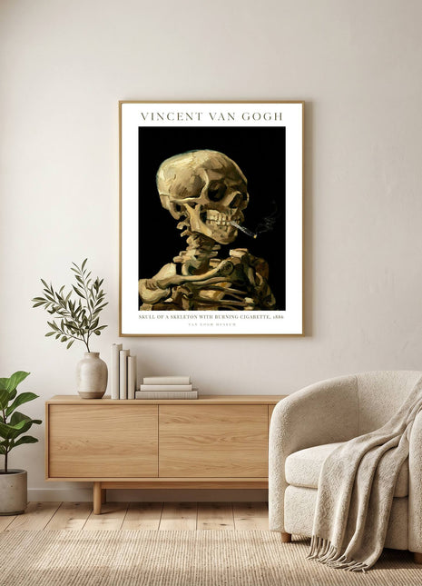 Vincent van Gogh “Skull of a Skeleton with Burning Cigarette” (1886) – Dark Humor Skeleton Smoking Art Print. Unframed