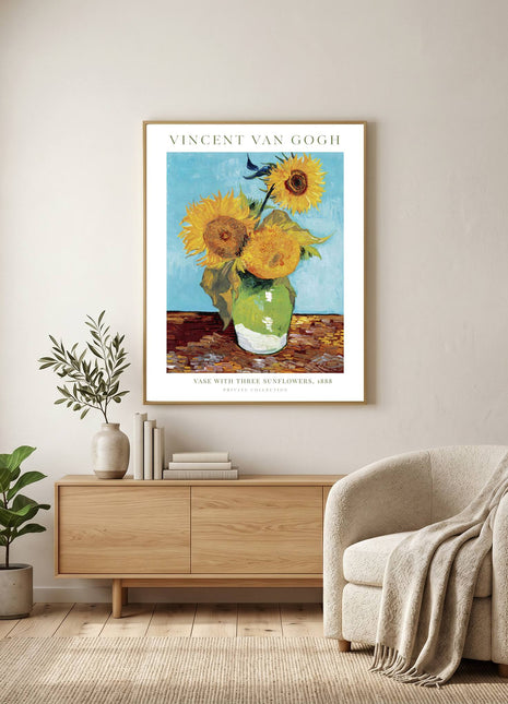 Three Sunflowers by Vincent van Gogh – Iconic Yellow Floral Still Life, Bold Post-Impressionist Sunflower Poster (1889). Unframed