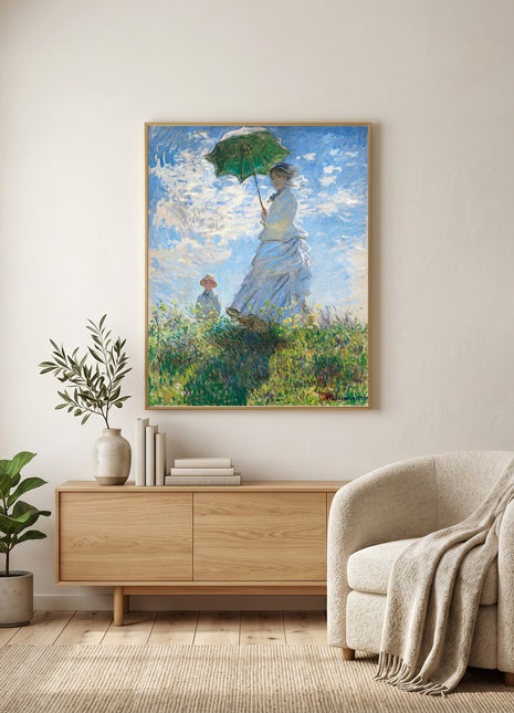 Woman with a Parasol – Madame Monet and Her Son by Claude Monet – Iconic Summer Scene, Light-Filled Impressionist Landscape Poster (1875). No Border. Unframed