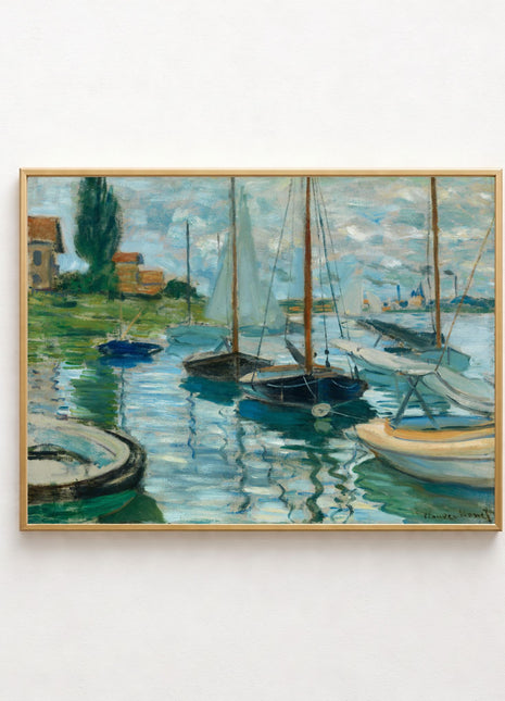 “Boats Moored at Le Petit-Gennevilliers” (1874) – Claude Monet River Scene Print, Impressionist Wall Art. No Border. Unframed