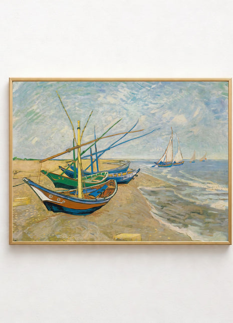 “Fishing Boats on the Beach at Les Saintes-Maries-de-la-Mer” (1888) – Vincent van Gogh Coastal Seascape Print. No Border. Unframed