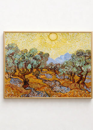 “Olive Trees with Yellow Sky and Sun” (1889) – Vincent van Gogh Landscape Print, Post-Impressionist Wall Art. Unframed