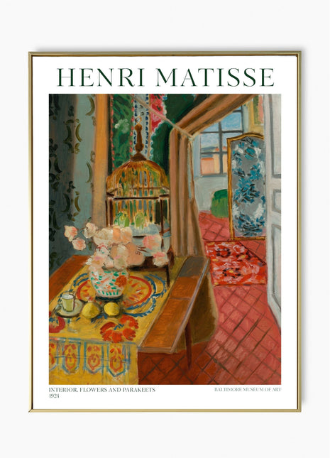 Henri Matisse “Interior, Flowers and Parakeets” (1924) – Lush Fauvist Interior, Colorful Vintage Art Print. Unframed
