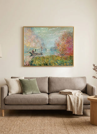 “The Boat Studio on the Seine” (1875) – Claude Monet River Scene Print, Impressionist Wall Art. Unframed