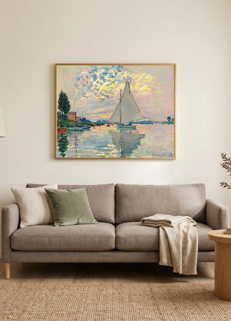 “Sailboat at Le Petit-Gennevilliers” (1874) – Claude Monet River Scene Print, Impressionist Wall Art. Unframed