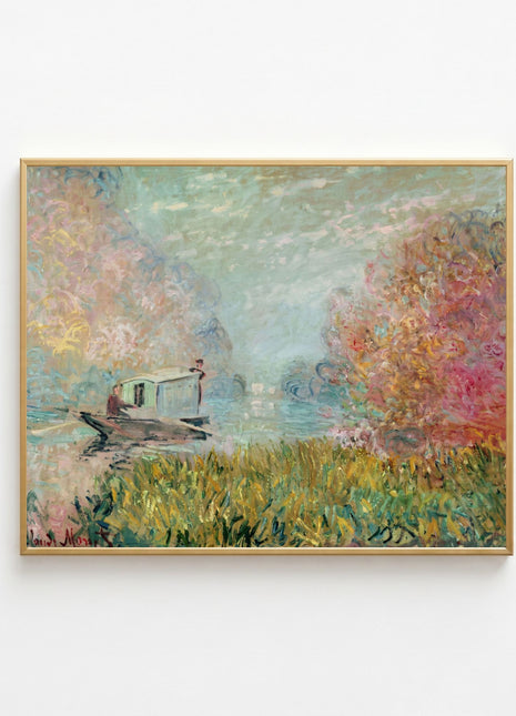 “The Boat Studio on the Seine” (1875) – Claude Monet River Scene Print, Impressionist Wall Art. Unframed
