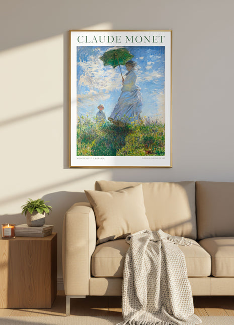 Woman with a Parasol – Madame Monet and Her Son by Claude Monet – Iconic Breezy Summer Scene, Light-Filled Impressionist Landscape Poster (1875). Unframed
