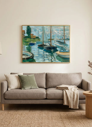 “Boats Moored at Le Petit-Gennevilliers” (1874) – Claude Monet River Scene Print, Impressionist Wall Art. No Border. Unframed