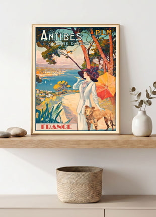 Antibes French Riviera Vintage Unframed Travel Poster (c.1910) — Elegant Woman & Coastal View by David Dellepiane