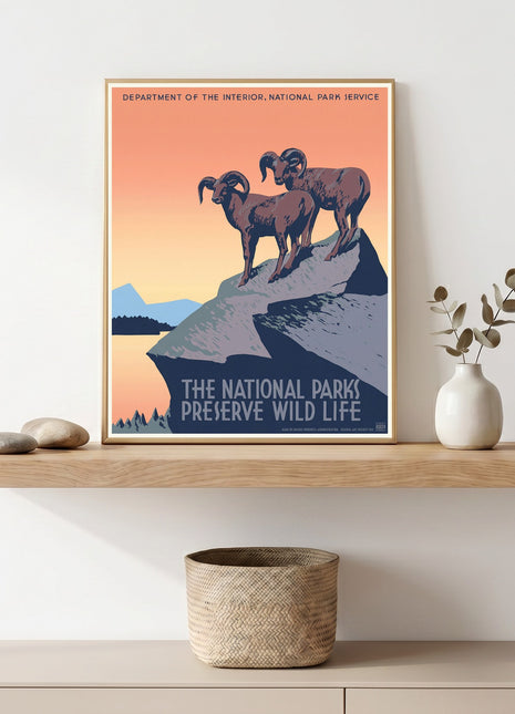 “The National Parks Preserve Wild Life” Vintage Unframed Poster (1930s) — WPA Bighorn Sheep Scene