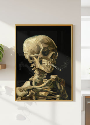 Vincent van Gogh “Skull of a Skeleton with Burning Cigarette” (1886) – Dark Humor Skeleton Smoking Art Print, No Border. Unframed