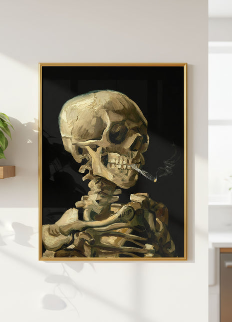 Vincent van Gogh “Skull of a Skeleton with Burning Cigarette” (1886) – Dark Humor Skeleton Smoking Art Print, No Border. Unframed