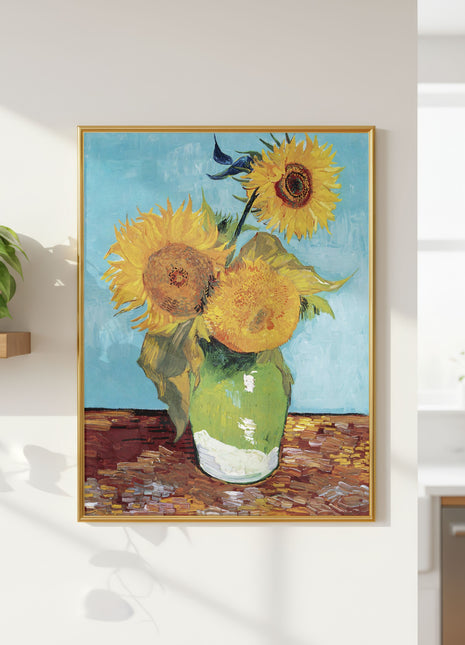 Three Sunflowers by Vincent van Gogh – Iconic Yellow Floral Still Life, Bold Post-Impressionist Sunflower Poster (1889). No Border. Unframed
