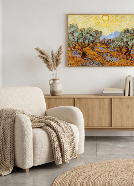 “Olive Trees with Yellow Sky and Sun” (1889) – Vincent van Gogh Landscape Print, Post-Impressionist Wall Art. Unframed