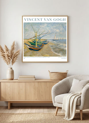 “Fishing Boats on the Beach at Les Saintes-Maries-de-la-Mer” (1888) – Vincent van Gogh Coastal Seascape Print. Unframed