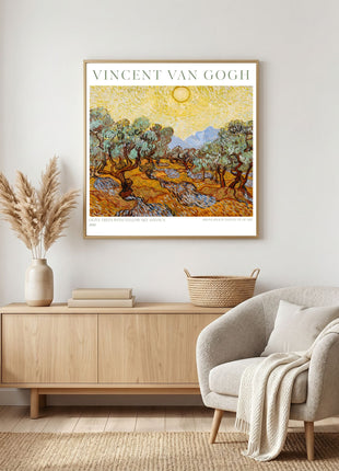 “Olive Trees with Yellow Sky and Sun” (1889) – Vincent van Gogh Landscape Print, Post-Impressionist Wall Art. Unframed