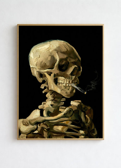 Vincent van Gogh “Skull of a Skeleton with Burning Cigarette” (1886) – Dark Humor Skeleton Smoking Art Print, No Border. Unframed