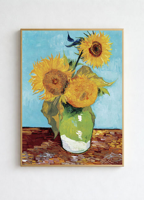 Three Sunflowers by Vincent van Gogh – Iconic Yellow Floral Still Life, Bold Post-Impressionist Sunflower Poster (1889). No Border. Unframed