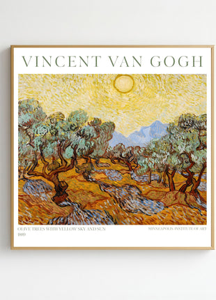“Olive Trees with Yellow Sky and Sun” (1889) – Vincent van Gogh Landscape Print, Post-Impressionist Wall Art. Unframed
