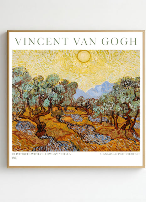 “Olive Trees with Yellow Sky and Sun” (1889) – Vincent van Gogh Landscape Print, Post-Impressionist Wall Art. Unframed